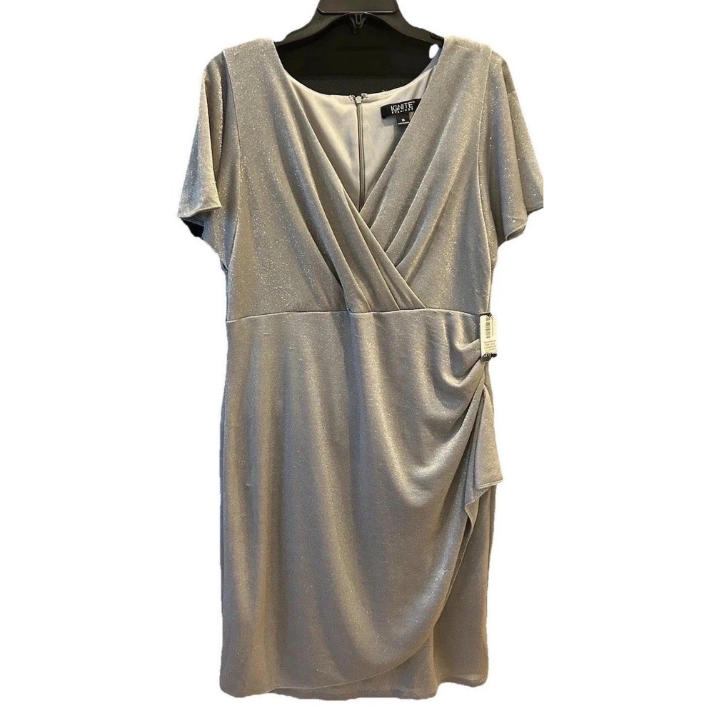 New Ignite Evenings Dress 16 Silver Metallic SS Surplice V Neck Bodice
